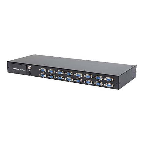 Ein schwarzer Switch mit 16 blauen VGA-AnschlÃ¼ssen und einem USB-Anschluss. Aufschrift: OPTIONAL IP LINK.