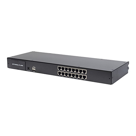 Ein schwarzer Netzwerk-Switch mit vielen AnschlÃ¼ssen, vor weiÃŸem Hintergrund. Auf dem Switch ist der Schriftzug SF1006L-P LINK zu sehen.