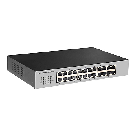 Ein schwarzer Netzwerk-Switch mit 24 Ports. Auf der Vorderseite befinden sich die Ports und Indikatoren.