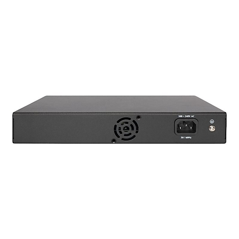 RÃ¼ckseite eines schwarzen Netzwerk-Switches. LÃ¼fter, Stromanschluss und weitere AnschlÃ¼sse. Beschriftung: 100-240V AC, 50/60Hz.