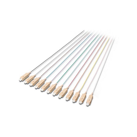 Mehrere Glasfaserkabel mit farbigen Leitungen und beigefarbenen Steckern auf weißem Hintergrund.