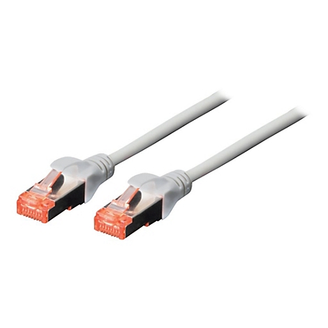 Zwei graue Ethernet-Kabel, die nebeneinander liegen. Die Stecker haben orangefarbene Anschlüsse und eine graue Kunststoffhülle.