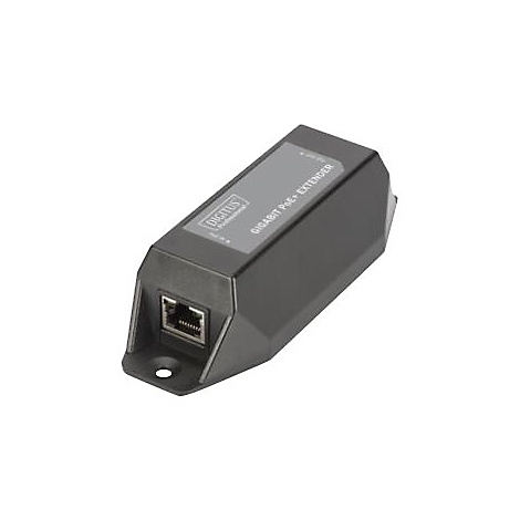 Schwarzer Gigabit PoE+ Extender von Digitus. Eckiges GerÃ¤t mit Ethernet-Anschluss, auf hellem Hintergrund.