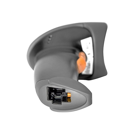 Scanner de code-barres gris, vue de dessus, accents orange. Autocollant au dos.