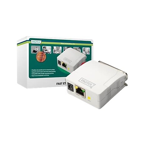 Un appareil réseau blanc avec le logo Digitus et son emballage. L'emballage indique "Fast Ethernet" et les caractéristiques du produit.