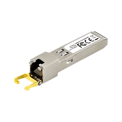 Ein silbernes Netzwerkmodul mit goldenen Kontakten und einem weiÃŸen Aufkleber mit Text.