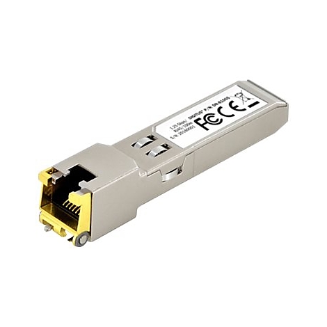 Ein grauer SFP-Transceiver mit goldfarbenem RJ45-Anschluss. Er ist mit DIGITUS, FC CE und anderen Informationen beschriftet.
