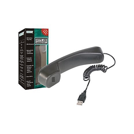 Schwarzer Skype USB-Hörer mit Spiralkabel, neben Verpackung. Aufdruck: Digitus, Skype USB Handset.