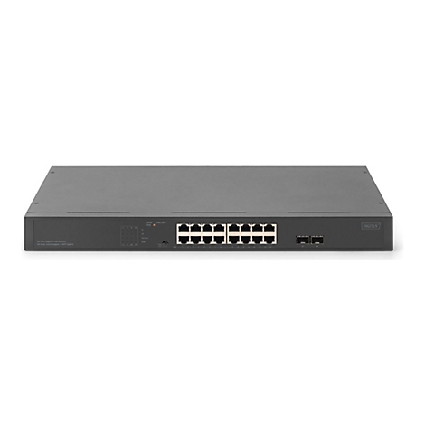 Ein schwarzer Netzwerk Switch mit Anschlüssen, Anzeigen und dem Schriftzug DIGITUS.