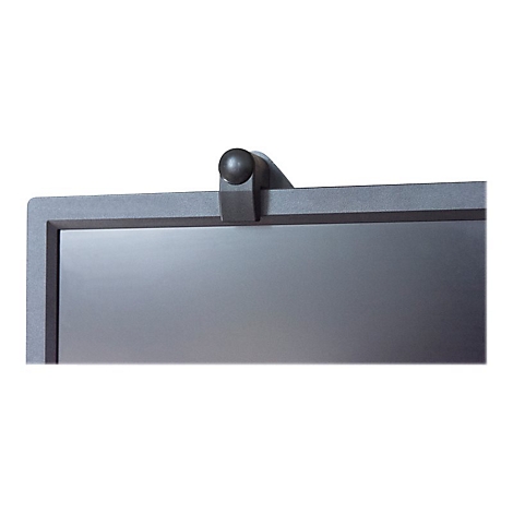 Nahaufnahme eines schwarzen Monitors mit einer Webcam, die oben am Bildschirm angebracht ist. Der Hintergrund ist weiß.