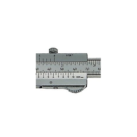 Close-up of a silver vernier caliper, with scale and numerals clearly visible.