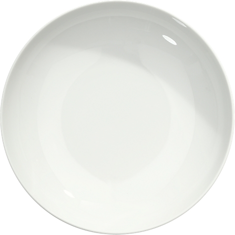 A white, round deep bowl, shiny, without pattern.