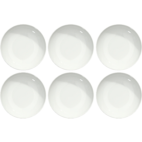 Six white, round plates arranged side by side.