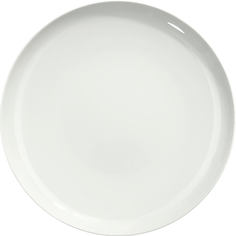 White, round plate. Smooth surface and slightly raised edge.