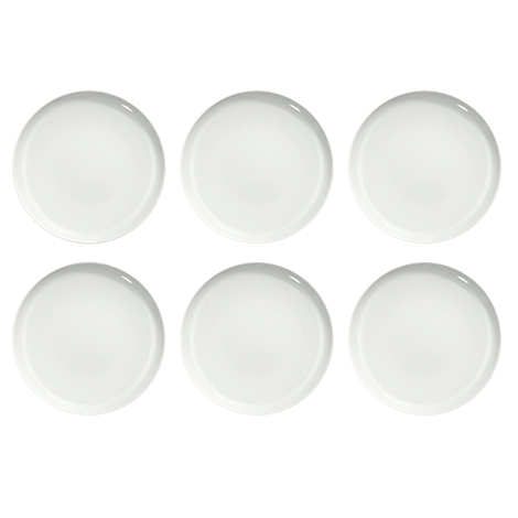 Six round, white plates, all the same size and arranged in two rows.