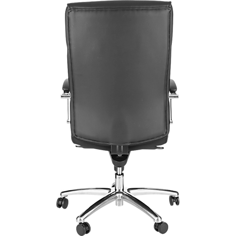 Zwarte bureaustoel, achteraanzicht. Hoge rugleuning, armleuningen, zilverkleurig frame en wieltjes.