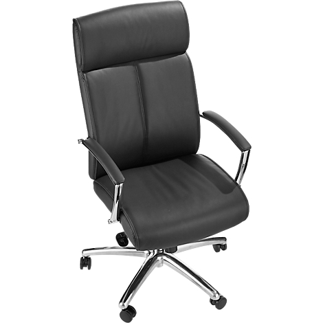 Zwarte leren bureaustoel, met hoge rugleuning en chromen frame.