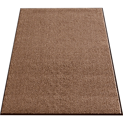 Brown carpet with a black border. The surface is fluffy.