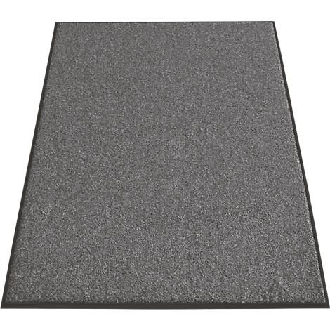 Gray doormat with a black border. The surface is rough and unstructured.