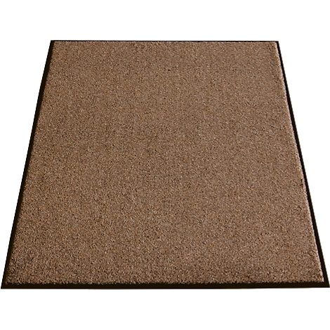 Brown doormat with a black border, rectangular. Coarse material, slightly shaded.
