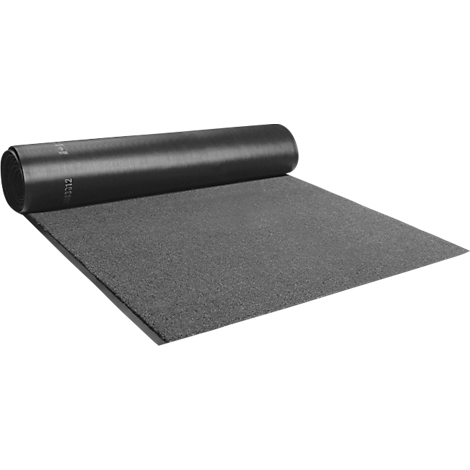 Black roll of carpet; partially unrolled on a gray surface.