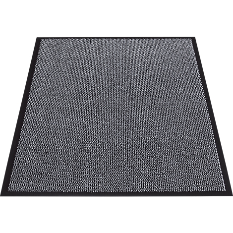 Gray doormat with a black border, photographed slightly diagonally from above.