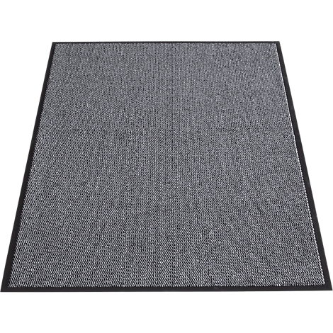 Gray doormat with black border on white background.