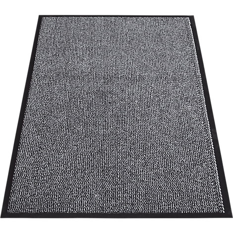 Grey doormat with black border. The surface is made of dense fabric.