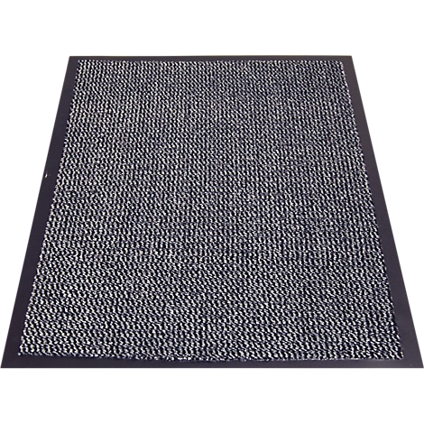 Grey doormat with a black border, viewed from above. Rough, uneven pattern.