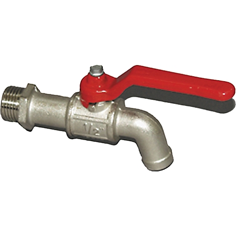 A metal faucet with a red lever and the inscription 1/2.