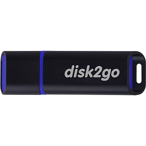 Clé USB noire avec une bande bleue et le texte disk2go.