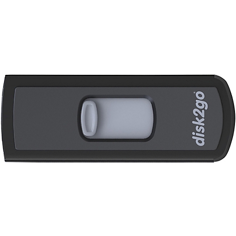 Vue de dessus d'une clé USB noire avec un curseur gris. Le texte "disk2go" est imprimé en blanc.