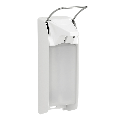 White soap dispenser with lever. The dispenser has a transparent container for the soap.
