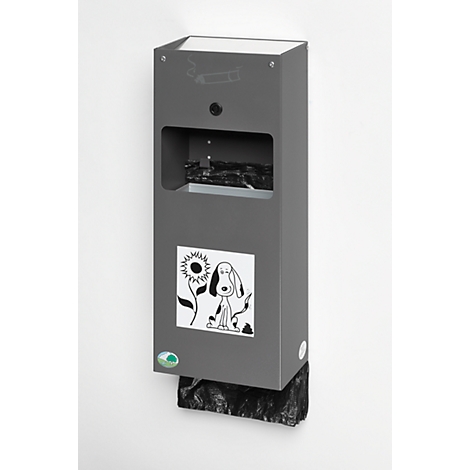 Grijze dispenser voor hondenpoepzakjes met een sticker van een hond en een zonnebloem.