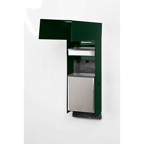 Groene wandafvalbak met deksel, compartiment en onderste container. Zwarte zak onderaan.