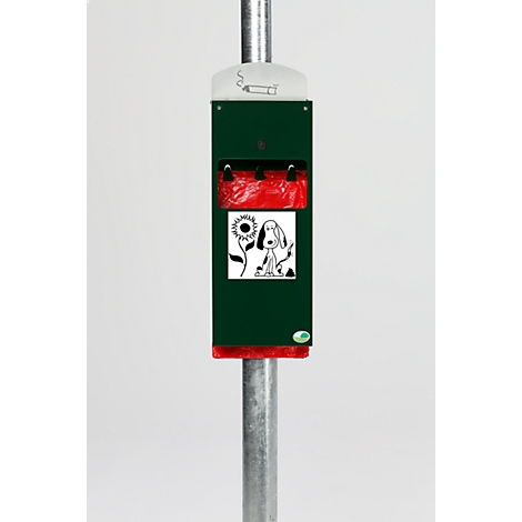 Groene hondenpoepzakjesautomaat met cartoonhond en zonnebloem. Een asbak bovenop. Rode zakken zichtbaar.
