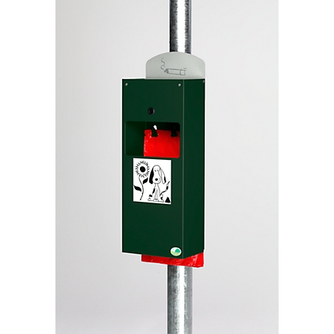 Groene hondenpoepzakdispenser met een sticker van een hond en zonnebloem, bevestigd aan een metalen paal. Een asbak bovenop.