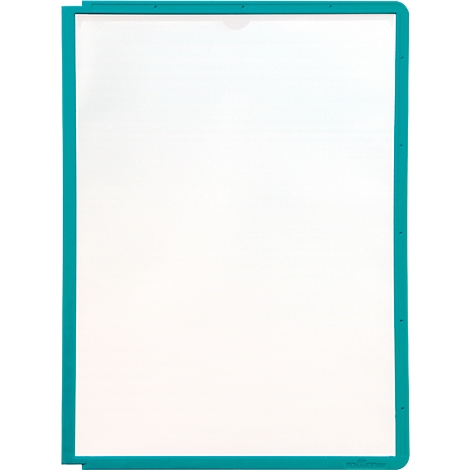 A white sheet of paper in a teal frame. A recess in the middle at the top.