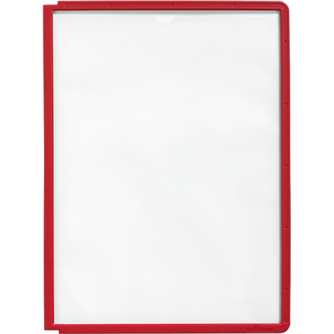 Red frame with white paper. The frame has a pocket at the top.