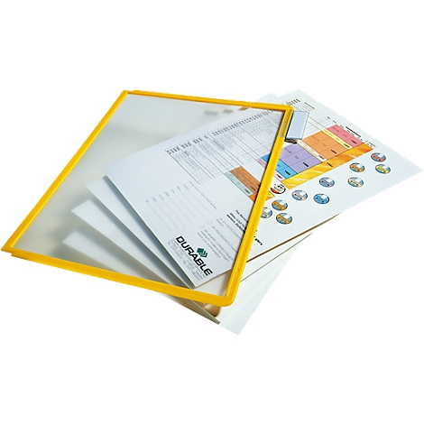 Yellow frame encasing sheets, with more sheets of charts and text underneath.