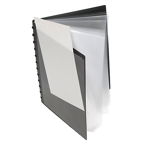 Black presentation folder with spiral binding, open, with clear pockets and white paper.