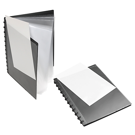 Black document folder, open with white paper. Next to it a second folder closed.