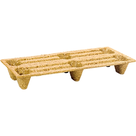 Light brown pallet with texture. Four legs, three longitudinal struts. View from above.