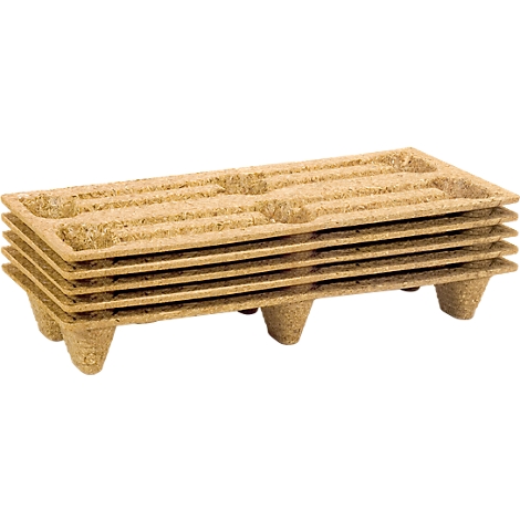 A stack of light brown pallets. Each pallet has several recesses and stands on feet.