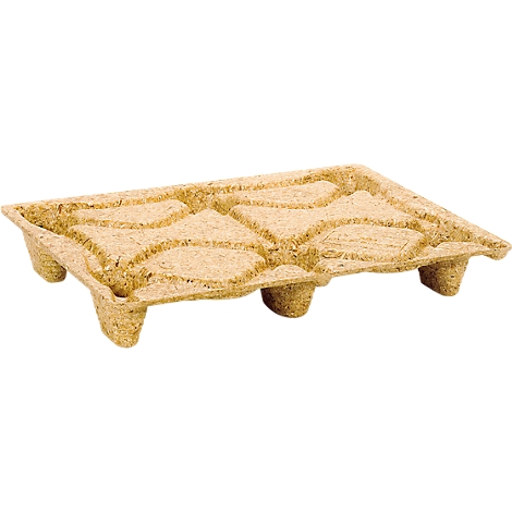 A pallet made of pressed wood, in a 3/4 angle in front of a neutral background.