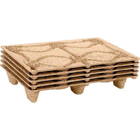 Stacked pallets made of brown, textured material, with recesses for receiving goods.