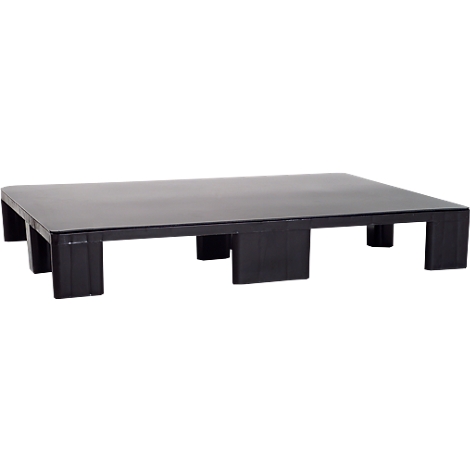 Black table on low legs, rectangular and modern.