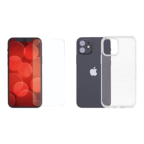 Un iPhone 12 en gris foncé avec un protecteur d'écran et une coque transparente.