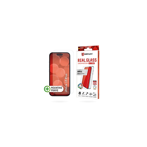 Film de protection d'écran avec emballage et factice de smartphone. Impression : Real Glass, Apple iPhone 15 Plus, Mounting Frame.