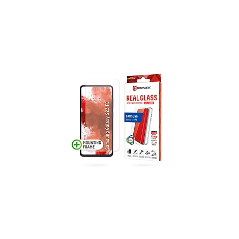 Smartphone et protection d'écran à côté de l'emballage du produit. Inscription : 'Samsung Galaxy S23 FE'.